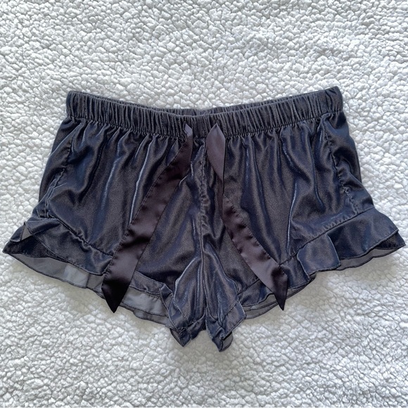 Victoria’s Secret velvet ruffled hem sleep shorts satin drawstring dark grey S - Picture 1 of 7